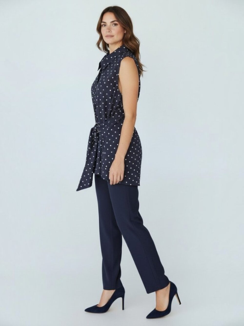 Tommy Hilfiger Women’s Navy White Polka Dot Sleeveless Collared Button-Up XL EUC